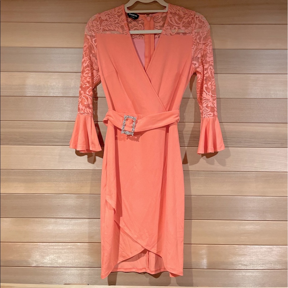 BEBE BELL SLEEVE SPARKLE BELT MIDI DRESS